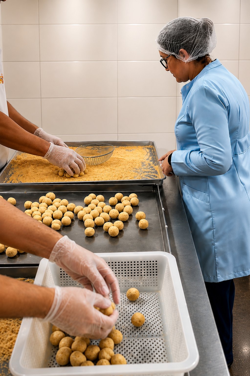 Equipe da Sabores da Regina preparando bolinhas de massa na produção